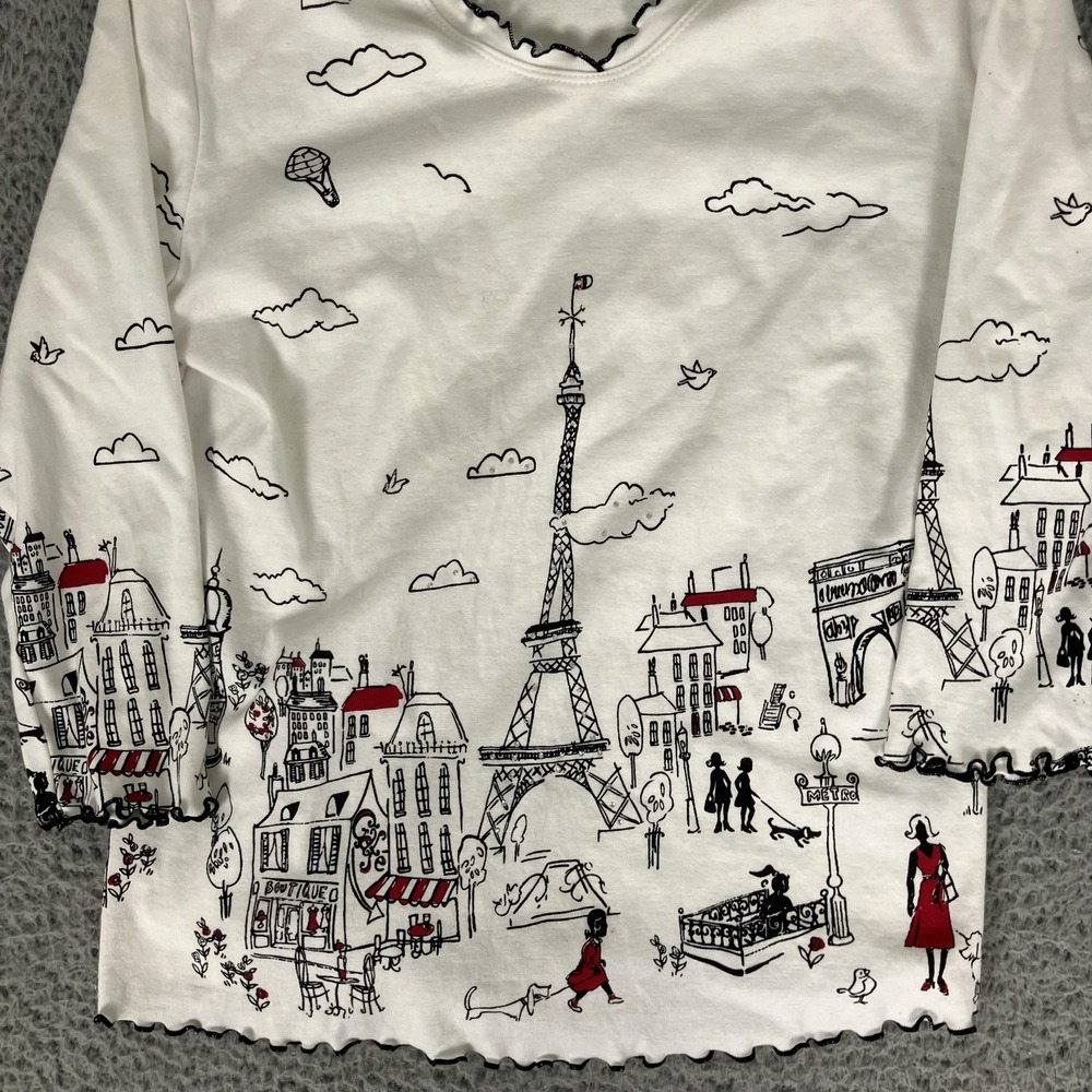 Jess & Jane Shirt Womens Large White Paris City Print Scoop Neck Jersey Ruffle - Picture 2 of 6
